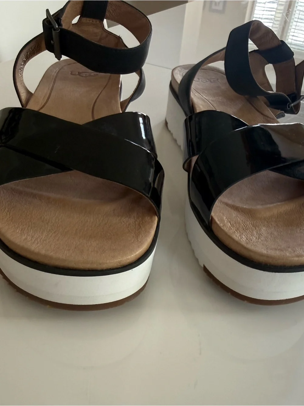 UGG Women’s Black Patent Crisscross Platform Sandals with White Sole